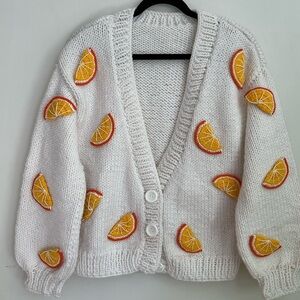 White Knit Cardigan with Yellow-Orange Citrus Appliqués
